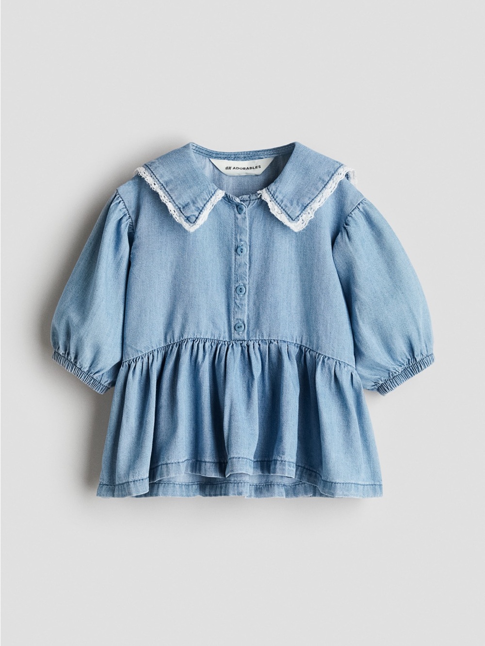 H&M Light Blue Denim Peplum Blouse with Lace Collar